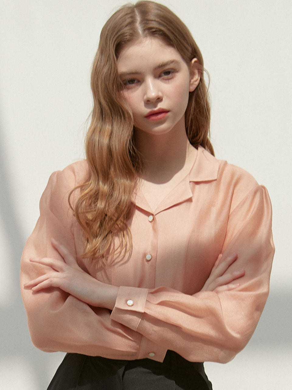 [By Joorti] J423 see through long sleeve blouse (pink)
