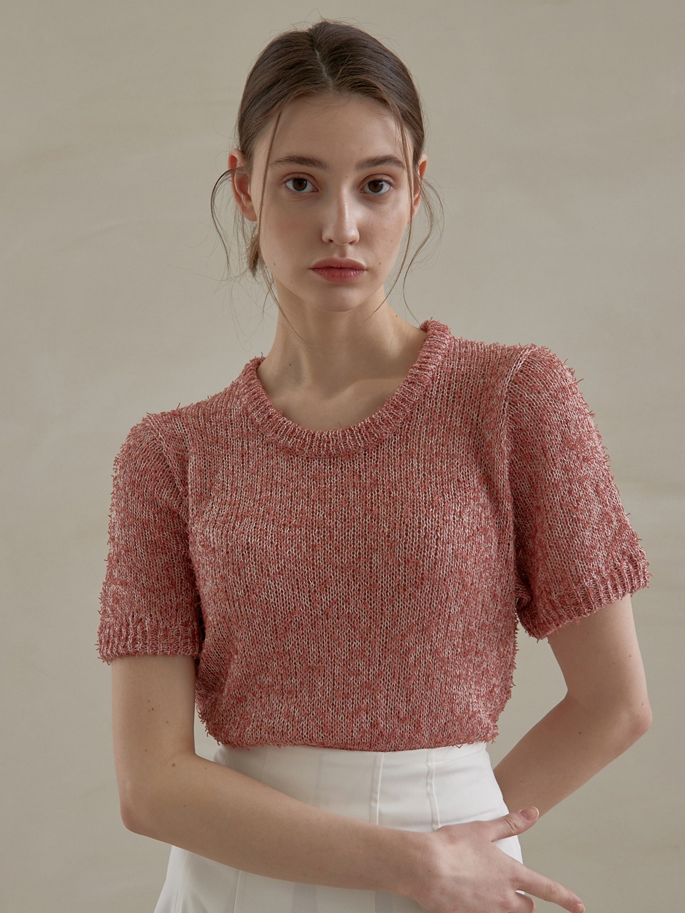 j970 u-neck short sleeve knit (rose pink)