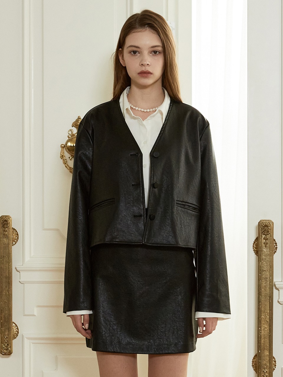 j1066 [SET] line leather short jacket+line leather mini skirt (black)