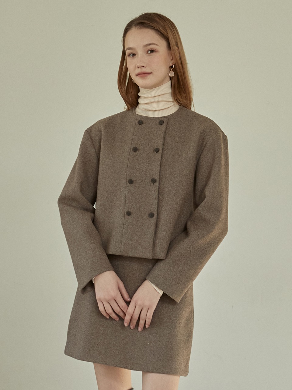 j1070 (set) wool double jacket+wool mini skirt (gray brown)